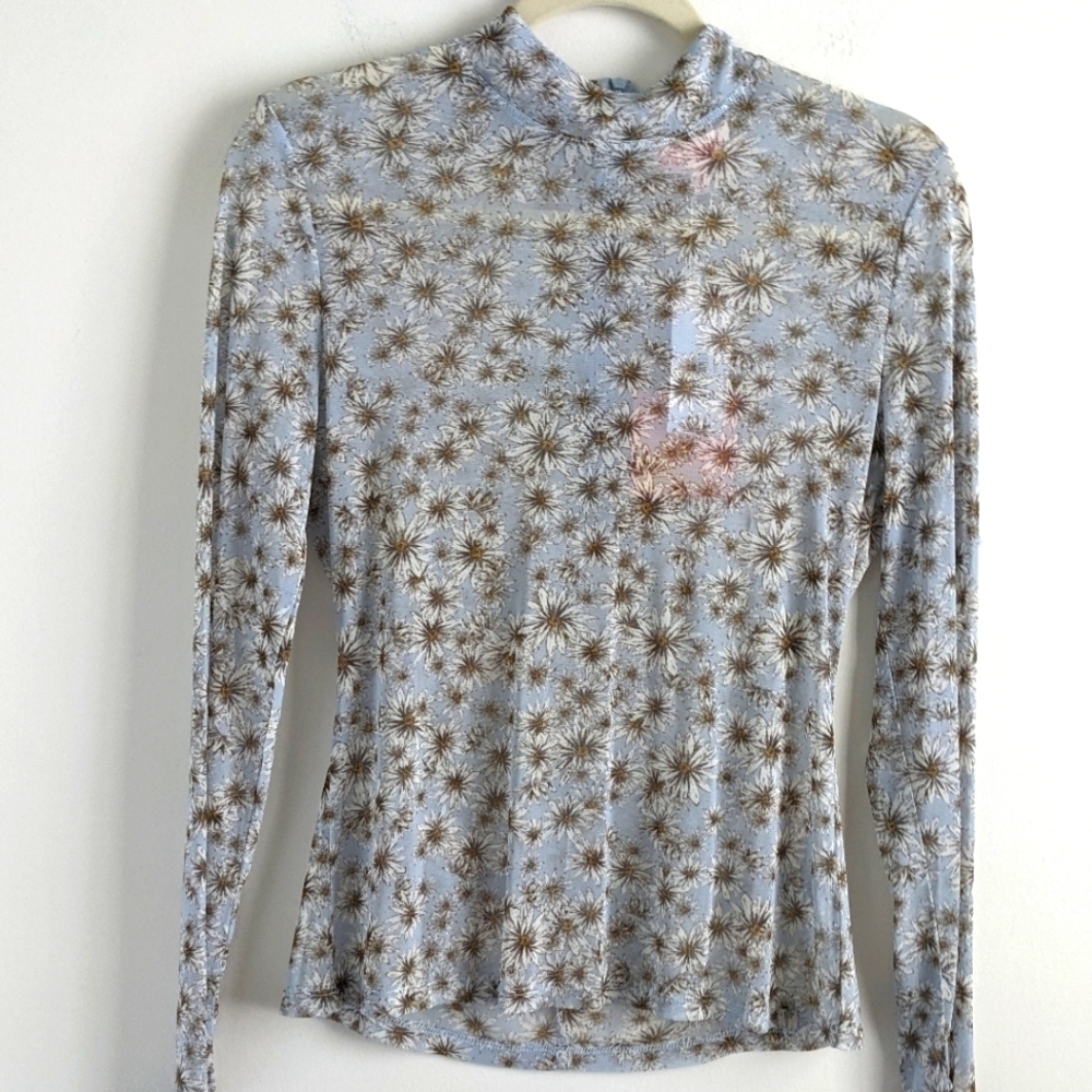 Nwt Leyden Sheer Stretch Daisy Print Floral Stretch Turtleneck S M Mesh